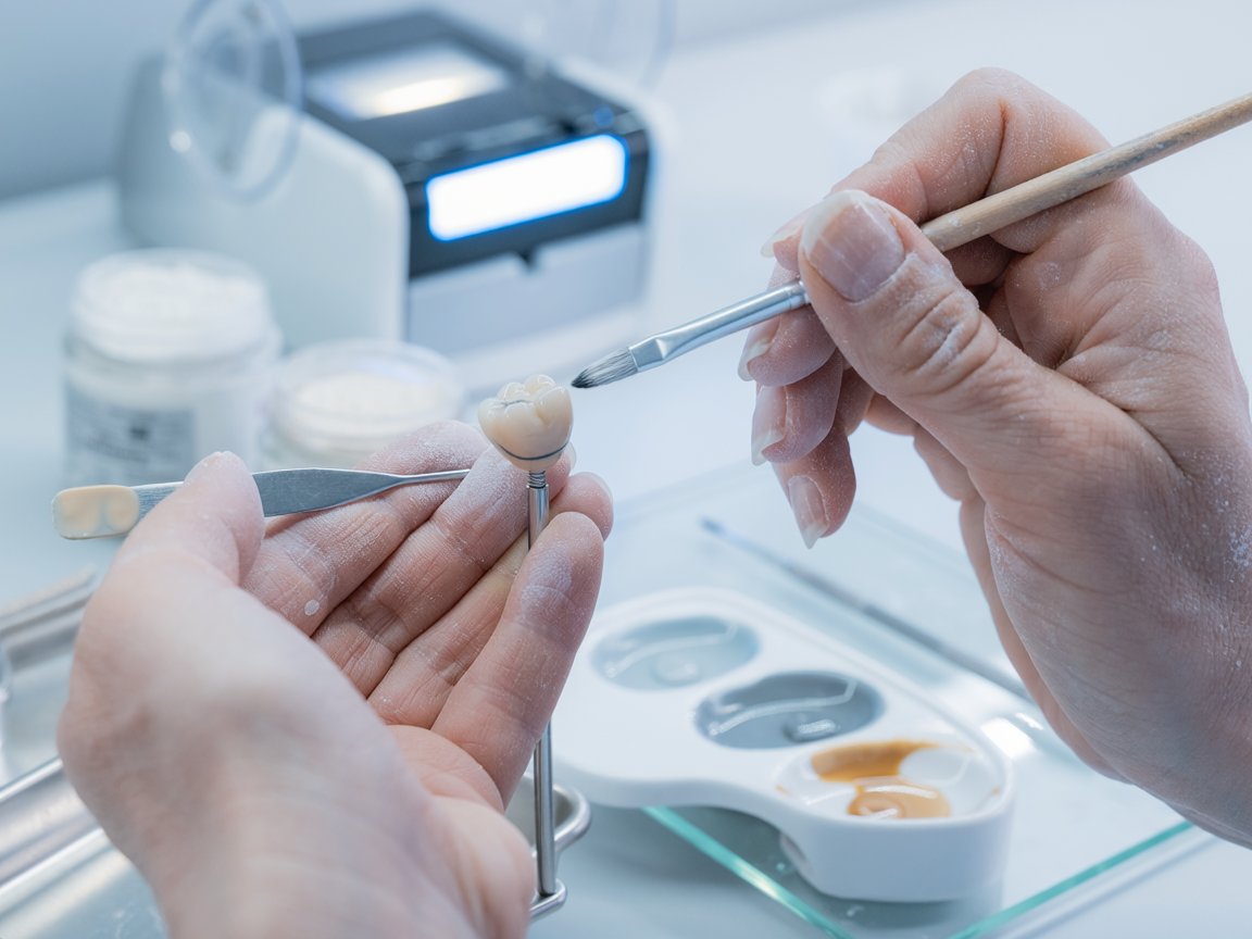 Zahntechniker bemalt eine Keramikkrone im Dentallabor